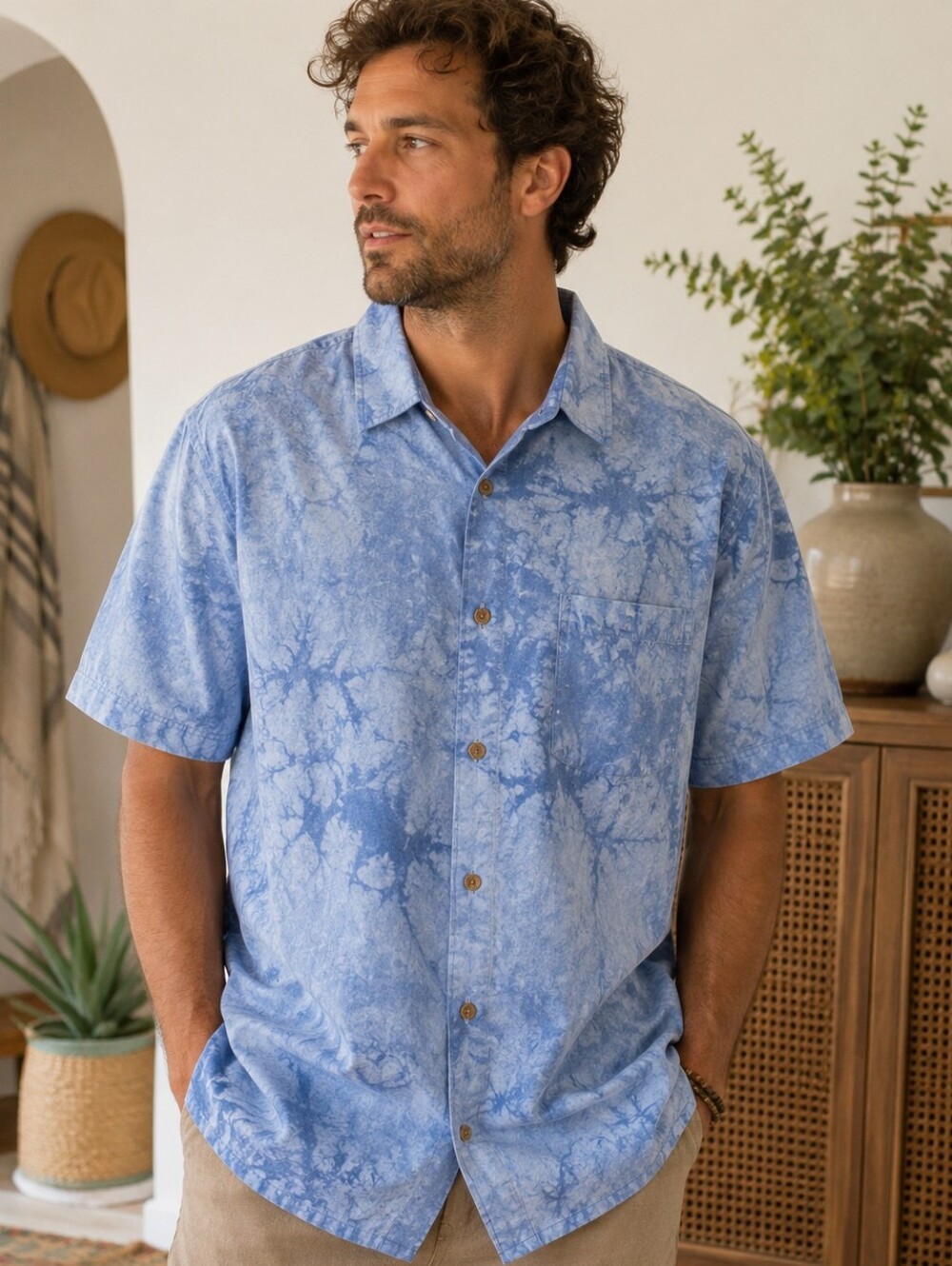 Marcel Hemp Blue Tie Dye Button Front Camp Shirt Boho Festival Mens XL